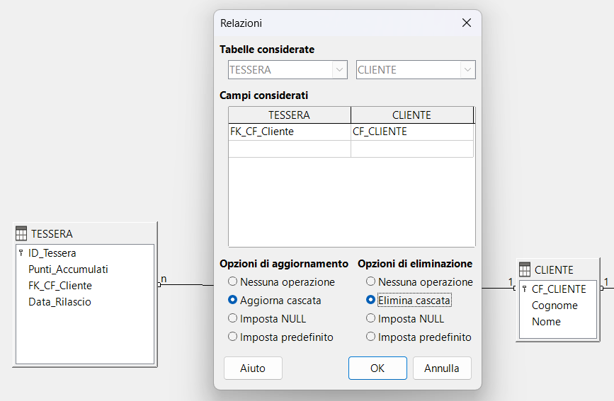 Dialog Relazioni TESSERA–CLIENTE con Elimina cascata