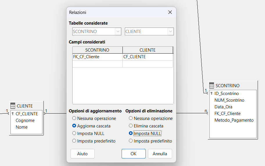 Dialog Relazioni SCONTRINO–CLIENTE con Imposta NULL