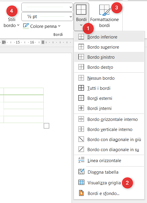 Menu bordi tabella