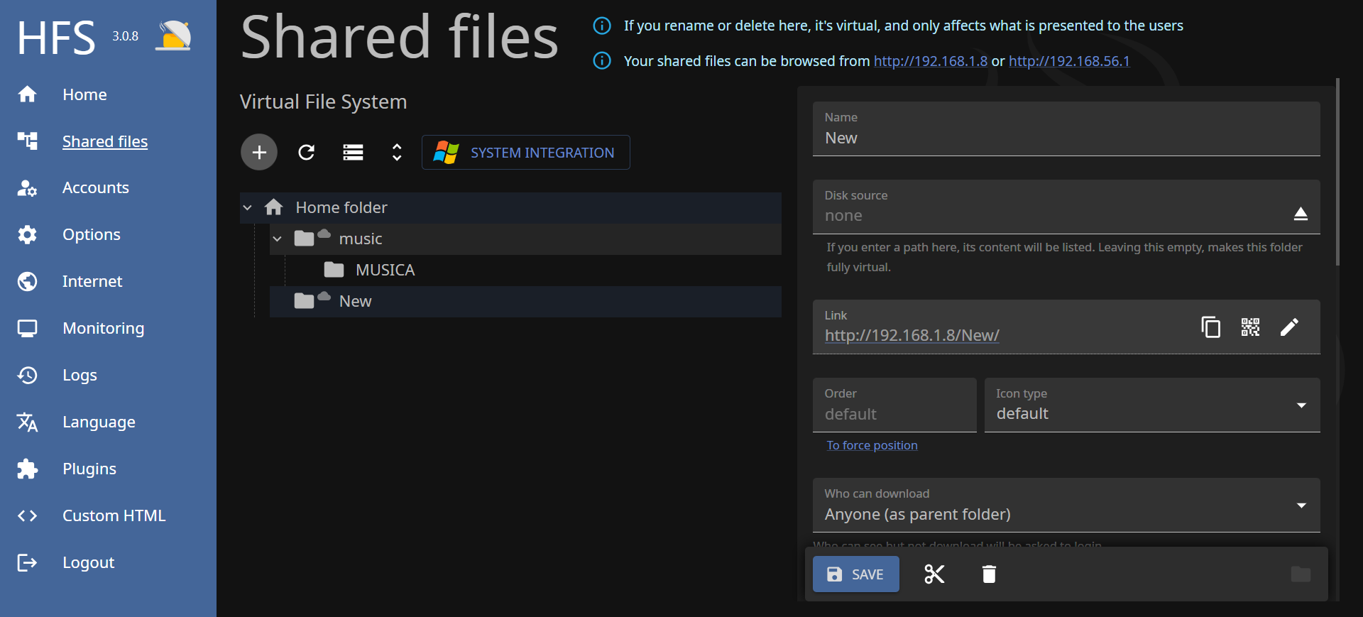 Gestione Virtual File System (Admin)